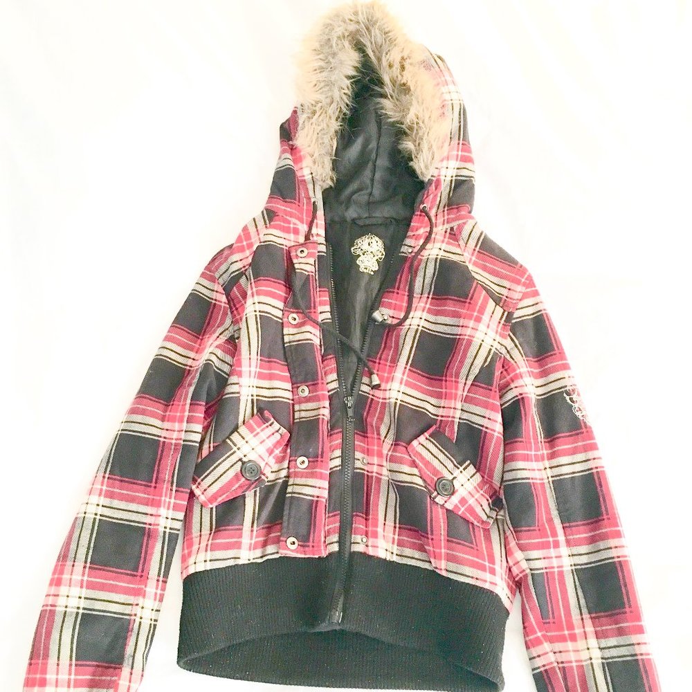 Plaid Jacket with fur trim hood
